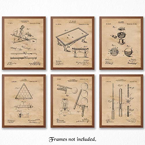 Product Cover Original Billiards Patent Art Poster Prints - Set of 6 (Six) 8x10 Unframed Pictures - Great Wall Art Decor Gifts Under $20 for Man Cave, Men's Office, Pool Players, Sports Bar, Game Room, Office