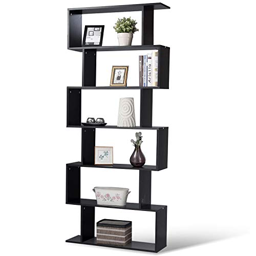 Product Cover Tangkula 6 Shelf Bookcase, Modern S-Shaped Z-Shelf Style Bookshelf, Multifunctional Wooden Storage Display Stand Shelf for Living Room, Home Office, Bedroom, Bookcase Storage Shelf (Black)