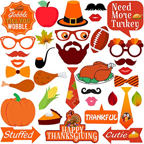 Product Cover KatchOn Thanksgiving Photo Booth Props 35 DIY Kits Thanksgiving Day Decorations，Happy Thanksgiving Party Favor, Element of Pumpkin Turkey Bread Corn Fruits Maple Leaves for Autumn Party Fall Party