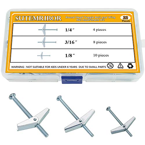 Product Cover Sutemribor 1/8 Inch, 3/16 Inch, 1/4 Inch Toggle Bolt and Wing Nut for Hanging Heavy Items on Drywall, 22 PCS