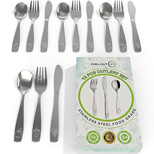 Product Cover 12 Piece Stainless Steel Kids Silverware Set | Child and Toddler Safe Flatware | Kids Utensil Set | Metal Kids Cutlery Set Includes 4 Small Kids Spoons, 4 Forks & 4 Knives