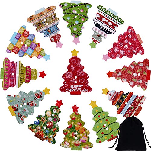 Product Cover Jovitec 150 Pieces 2 Holes Christmas Tree Buttons Mixed Patterns Wooden Decoration Buttons with Pouch for Sewing DIY Crafts