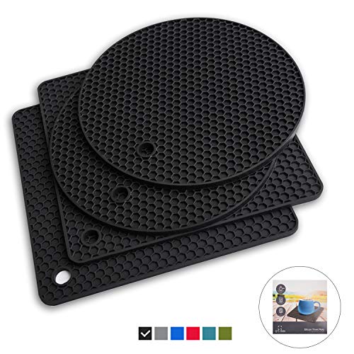 Product Cover Q's INN Black Silicone Trivet Mats | Hot Pot Holders | Drying Mat. Our potholders Kitchen Tool is Heat Resistant to 440°F, Non-slip,durable, flexible easy to wash and dry and Contains 4 pcs.