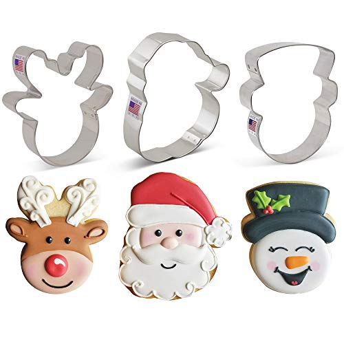Product Cover Ann Clark Cookie Cutters 3-Piece Faces of Christmas Cookie Cutter Set with Recipe Booklet, Santa Face, Reindeer Face and Snowman Face