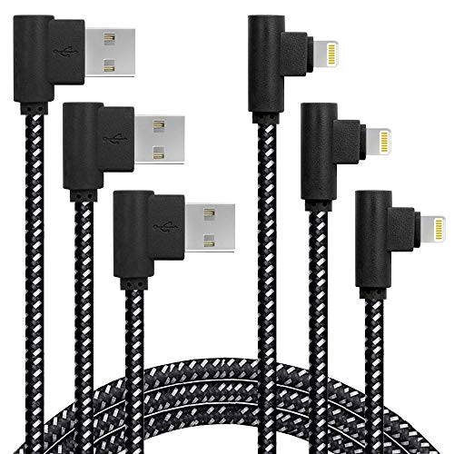 Product Cover [3-Pack] Right Angle iPhone Charging Cable Nylon Braided 90 Degree Elbow Design Compatible with iPhone Xs Max/XS/XR/X, 8 7 6s 6 Plus, SE, 5s, 5c, 5, iPad Mini/Air/Pro (Black White, 10ft)
