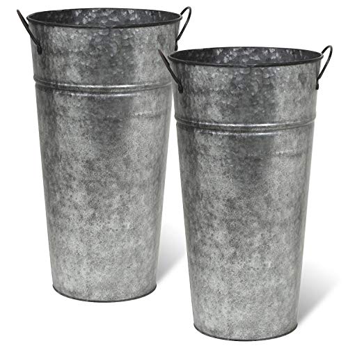 Product Cover Rustic Metal 13 Inch Galvanized Flower Vase - Set of 2 - French Bucket - Farmhouse Style - Perfect for Fresh and Dried Floral Arrangements for Home (Pewter Gray)