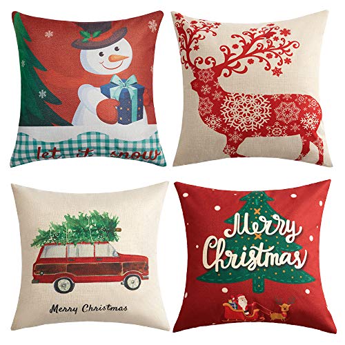 Product Cover Anickal Christmas Holiday Decorations Christmas Cotton Linen Pillow Covers 18x18 with Christmas Truck Deer Snowman Santa Claus Pattern Xmas Gifts