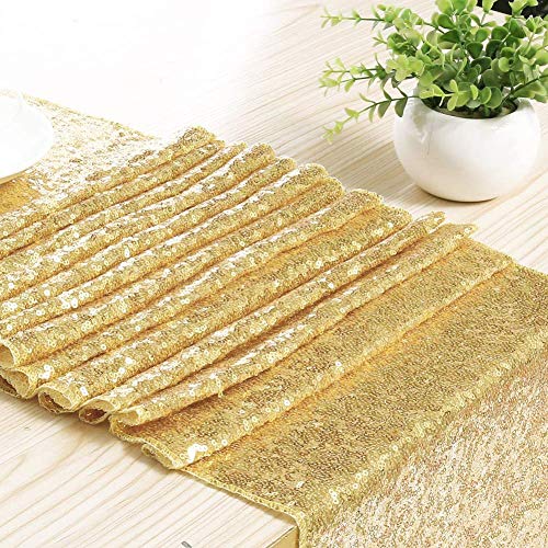 Product Cover Bright Tricks 12 x 108 in Glitter Gold Sequin Table Runner for New Years Birthday Wedding Engagement Bridal Shower Baby Shower Bachelorette Gold Party Decorations Sequence Boho Bridal Tablecloth