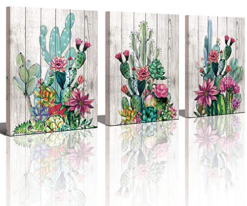 Product Cover Yiijeah 3 Piece Framed Wall Art Watercolor Tropical Plant Desert Cactus Canvas Print for Bedroom Bathroom Spiny Flower Artwork Home Office Wall Decoration 12x16 3 Panels Decor