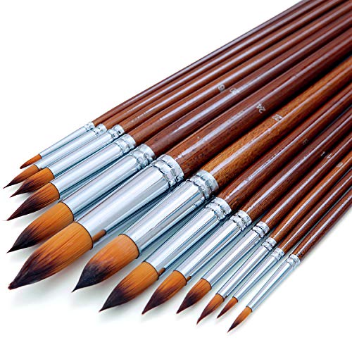 Product Cover Artist Watercolor Paint Brushes Set 13pcs - Round Pointed Tip Soft Anti-Shedding Nylon Hair Wood Long Handle - Detail Paint Brush for Watercolor, Acrylics, Ink, Gouache, Oil, Tempera, Paint by Numbers