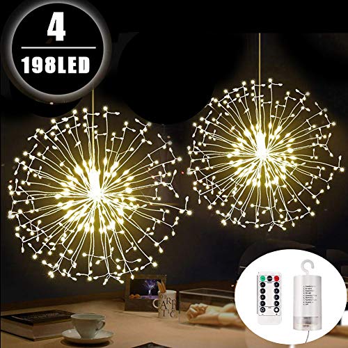 Product Cover FOOING 4 Pack 198 led Firework Lights Copper Wire Starburst Lights Battery Operated Fairy Lights with Remote,Decorative Hanging Lights for Party Patio Bedroom Indoor Outdoor Christmas Decoration