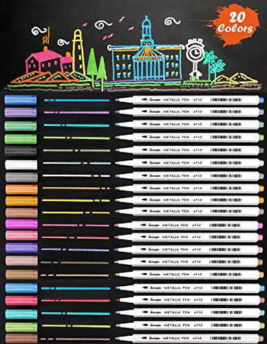 Product Cover New 20 Assorted Color Metallic Marker Pens, Sheen Glitter Painting Pen Card Making,Birthday Greeting, DIY Photo Album,Scrap booking,Rock Painting,Mug,Calligraphy,Valentine's Day Cards (Fine Tip(Hard))