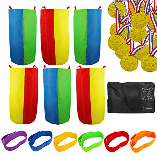 Product Cover Potato Sack Race Bags - Outdoor Games for Kids and Adults, Includes 6 Pack Potato Sack Race Bags, 6 Pack 3 Legged Race Bands, 12 Pack Plastic Gold Prize Medals and 1 Storage Bag