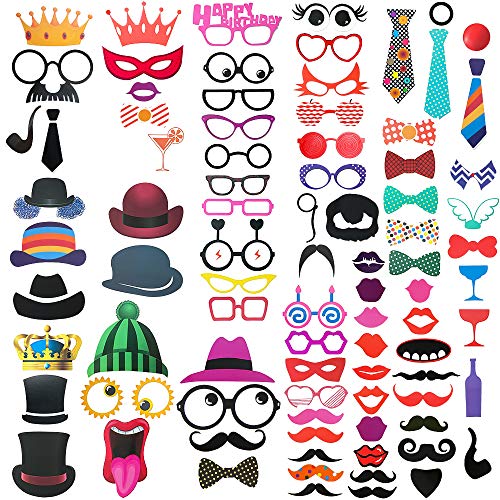 Product Cover FRESHME DIY Photo Booth Props Kit - 90pcs Photobooth Prop Funny Selfie Accessories Decoration Supplies Costume Mustache Hat Glasses Tie for Birthdays Wedding Holiday Party Christmas Halloween