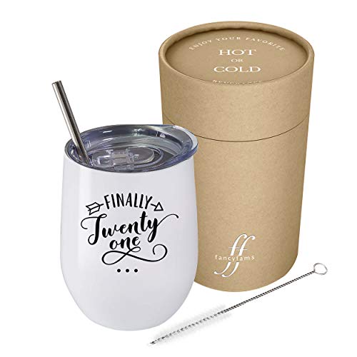 Product Cover Finally 21-12 oz Stainless Steel Stemless Wine Tumbler with Lid and Straw - 21st Birthday Gifts For Her - Celebrate Turning Twenty One (White)