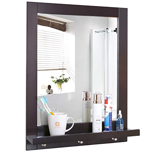 Product Cover Homfa Bathroom Wall Mirror Vanity Mirror Makeup Mirror Framed Mirror with Shelf and 3 Hanging Hooks Multipurpose for Home, Dark Brown