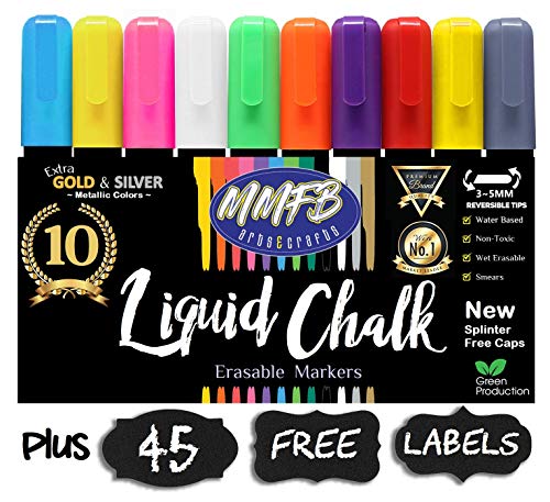 Product Cover Erasable Liquid Chalk Markers 10 Pack w/ 45 Chalkboard Labels, Not Toxic Wet Erase Window Glass Bright Neon Pens, Metallic Gold & Silver, Reversible Bullet Chisel Tip w/Splinter Free Cap (Bold 5MM)