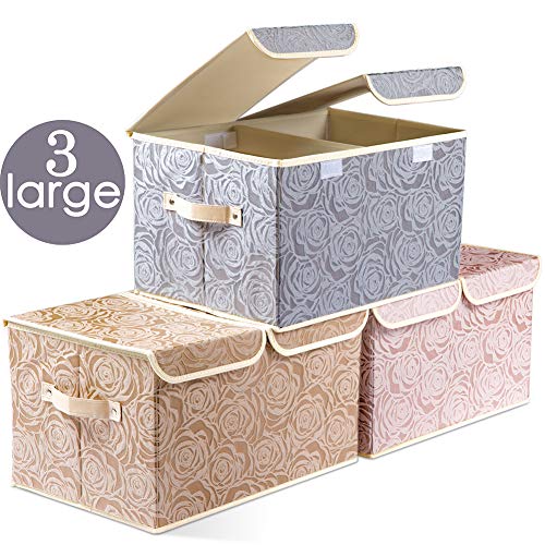 Product Cover Prandom Large Foldable Storage Bins with Lids Fabric Decorative Storage Box Cubes Organizer Containers Baskets with Cover Handles Removable Divider for Bedroom Closet Nursery 17.3x11.8x9.8 Inch 3 Pack