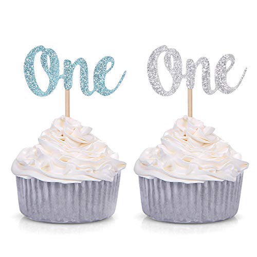 Product Cover Pack of 24 Glitter One Cupcake Toppers Baby Boy First Birthday Decorations (Blue and Silver)