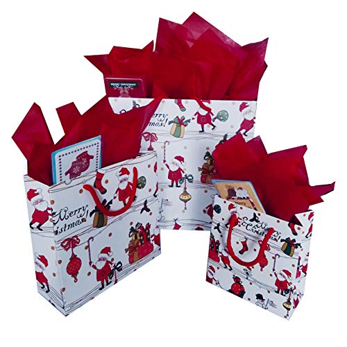 Product Cover Christmas Gift Bags Set Assorted Sizes(12 Pieces) Santa Claus Suit with Tissue Paper and Greeting Cards