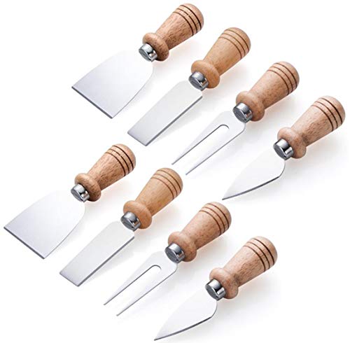 Product Cover Bekith 8 Pieces Set Travel Cheese Knives with Wood Handle, Stainless Steel Cheese Slicer Cheese Cutter, 2 Cheese Knife, 2 Cheese Shaver, 2 Cheese Fork and 2 Cheese Spreader