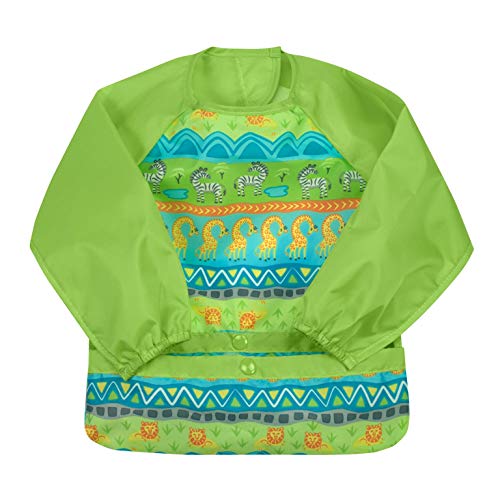 Product Cover green sprouts Easy-wear Long Sleeve Bib | Waterproof protection from mealtime to playtime | Flipped pocket, soft material, elasticized sleeves, easy clean, 12-24mo, Green Safari