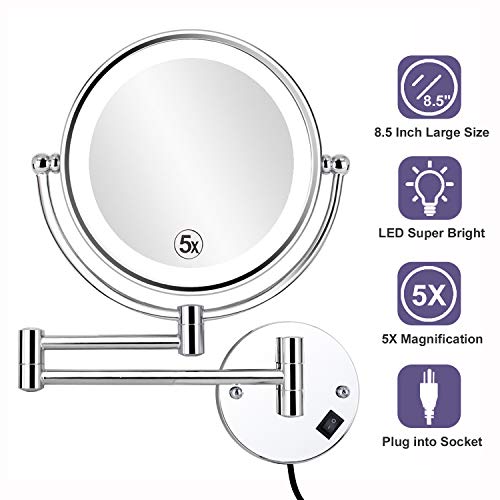 Product Cover ALHAKIN 8.5 Inch LED Lighted Wall Mounted Makeup Mirror with 5X Magnification, Double Sided Swivel Vanity Mirror for Bathroom, Chrome Finish