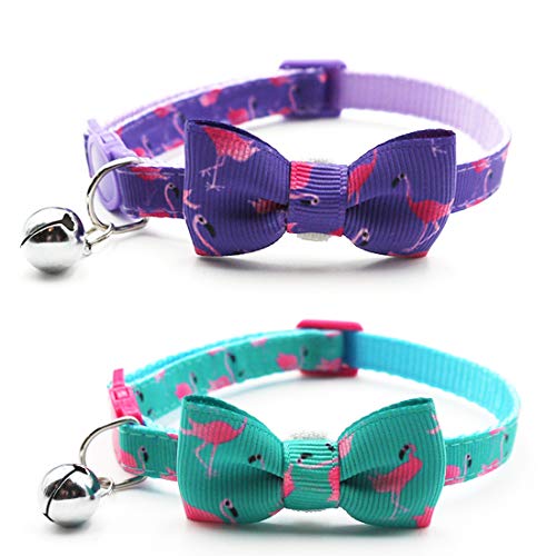 Product Cover azuza Breakaway Cat Collar with Bell, 2 Pack Safety Buckle Cat Collars with Cute Bowtie, Flamingo Pattern, Adjustable from 8