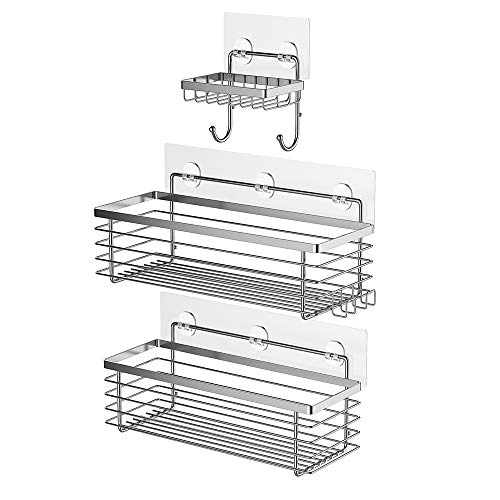 Product Cover ODesign Shower Caddy Basket with Hooks Soap Dish Holder Shelf for Shampoo Conditioner Bathroom Kitchen Storage Organizer SUS304 Stainless Steel Adhesive No Drilling - 3 Pack