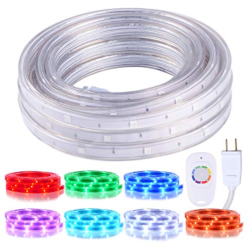 Product Cover Areful 16.4ft Plugin LED Rope Lights, Flat Flexible Strip Lights, Color Changing with RF Remote Control, Waterproof and Connectable for Indoor Outdoor Decoration, 7 Colors and Multiple Modes