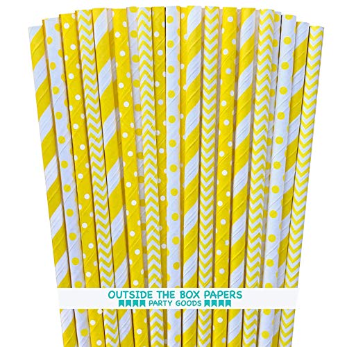 Product Cover Yellow and White Paper Straws - Stripe Chevron Polka Dot - 7.75 Inches - Pack of 100 - Outside the Box Papers Brand
