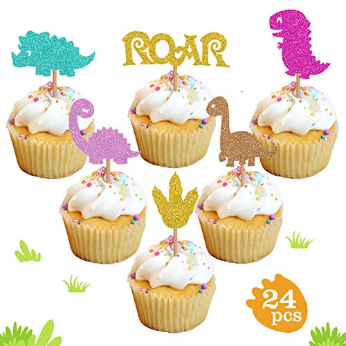 Product Cover Baby Dinosaur Cupcake Toppers, Glitter Dinosaur Cupcake Toppers for Kids Birthday Baby Shower Party Decorations Supplies (24 Pack)