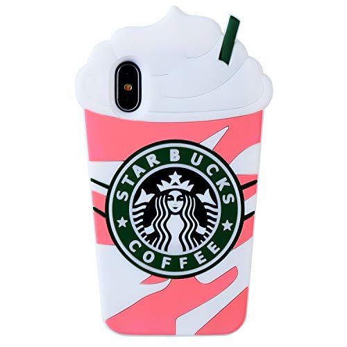 Product Cover Pink Coffee Cup Case for iPhone X/iPhone Xs,3D Cartoon Animal Cute Soft Silicone Rubber Character Cover,Food Funny Design Kawaii Fashion Cool Fun Protective Skin for Kids Child Teens Girls(iPhoneX)