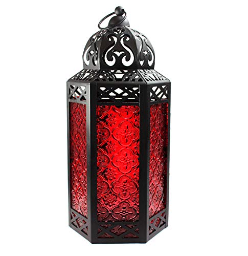 Product Cover Vela Lanterns Moroccan Style Candle Lantern with LED Lights, Large, Red Glass