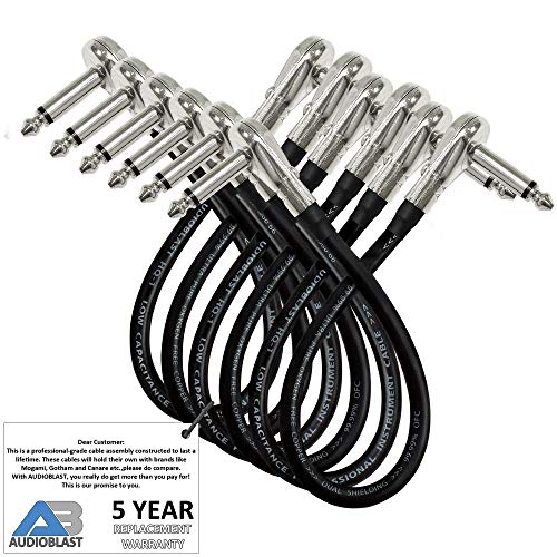 Product Cover 6 Units - 12 Inch - Audioblast HQ-1 - Ultra Flexible - Dual Shielded (100%) - Instrument Effects Pedal Patch Cable w/ ¼ inch (6.35mm) Low-Profile, R/A Pancake Type TS Connectors & Dual Staggered Boots