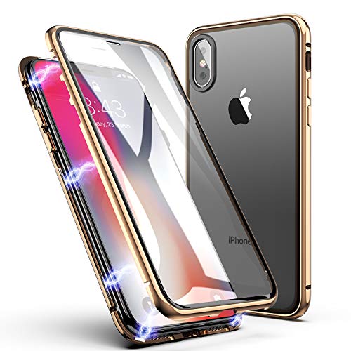 Product Cover iPhone Xs MAX Case, ZHIKE Magnetic Adsorption Case Front and Back Tempered Glass Full Screen Coverage One-Piece Design Flip Cover [Support Wireless Charging] for Apple iPhone Xs MAX (Clear Golden)
