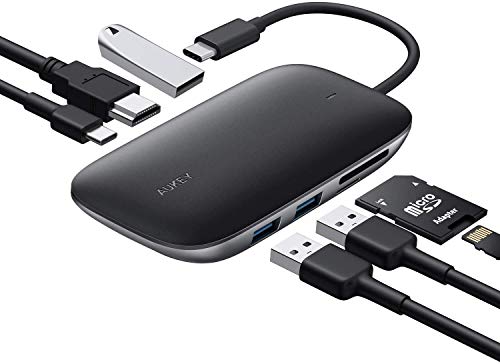 Product Cover AUKEY USB C Hub 7 in 1 Type C Hub with 3 USB 3.0 Ports, SD/TF Card Reader, 4K USB C to HDMI and USB-C Power Delivery USB C Adapter for MacBook Pro, Dell XPS 15, Google Chromebook Pixel and More
