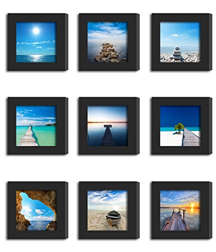 Product Cover 9Pcs 4x4 Real Glass Wood Frame Black , Fit Family Image Pictures Photo (Window 3.6x3.6 inch) , Desktop Stand On Wall Family Combine Square Sea Beach Landscape Motivational Decoration (10 Set Pictures)