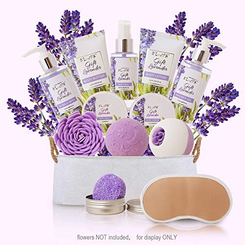 Product Cover dluxspa Christmas Gifts Baskets For Women Lavender - At Home Spa Kit Soothe Skin And Relax Body Holiday Beauty- Luxury 13Pcs With Bath Bombs, Shampoo Bar, Eye Mask, Shower Gel, Bubble Bath