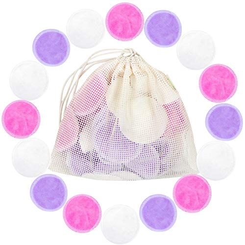 Product Cover Cotton Rounds Reusable 16 Packs - Reusable Bamboo Makeup Remover Pads for face - Reusable Facial Pads Reusable Facial Cotton Rounds with Cotton Laundry Bag (Bamboo Velour, Bright Color)