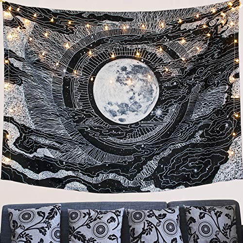 Product Cover Accnicc Moon and Star Tapestry Wall Hanging Tapestries Black & White Wall Blanket Wall Art for Living Room Bedroom Home Decor (Black, 60''x 80'')