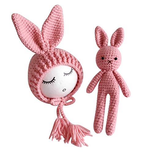 Product Cover Jastore Infant Newborn Photography Prop Photo Crochet Boys Girls Knit Toy Bear Hats (Rabbit-Pink)