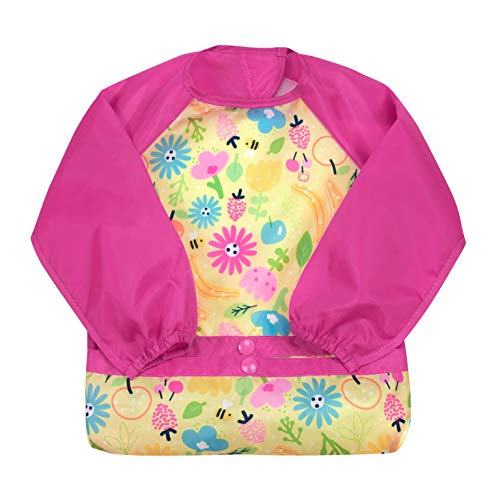 Product Cover green sprouts Easy-wear Long Sleeve Bib | Waterproof protection from mealtime to playtime | Flipped pocket, soft material, elasticized sleeves, easy clean, 12-24mo, Pink Bee Floral