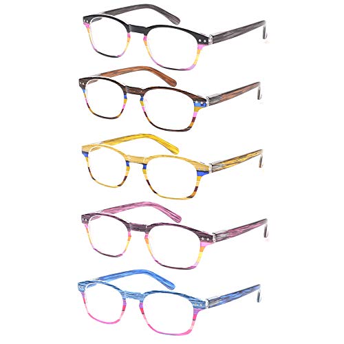 Product Cover Reading Glasses 5 Pairs Wood-Looks Eyeglasses Spring Hinge Lightweight Plastic Colors Readers for Men and Women
