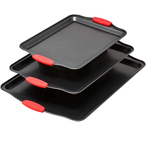 Product Cover 3 Piece Baking Sheets Nonstick Bakeware Set, Premium Cookie Sheet Pan Set with Silicone Grip Handles, Professional Steel Pan Baking Supplies Rectangle Cookie Pans in 3 Sizes by Perlli
