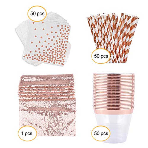Product Cover OUGOLD Rose Gold Party Decorations Birthday kit Bridal Shower Decoration Napkins Table Runners 12 x 108 Happy Birthday Set Gold Rose Plastic Cups&Paper Straw 151 Pack