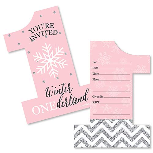 Product Cover Big Dot of Happiness Pink Onederland - Shaped Fill-in Invitations - Holiday Snowflake Winter Wonderland Birthday Party Invitation Cards with Envelopes - Set of 12