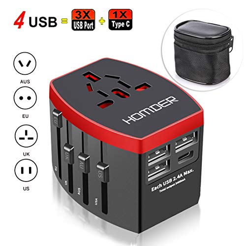 Product Cover Homder Travel Adapter, International Power Adapter, All in One Worldwide AC Outlet Plug Adapter for US UK Europe AUS More Than 150 Countries, 1 AC Outlet + 1 Type C Port + 3 USB Ports