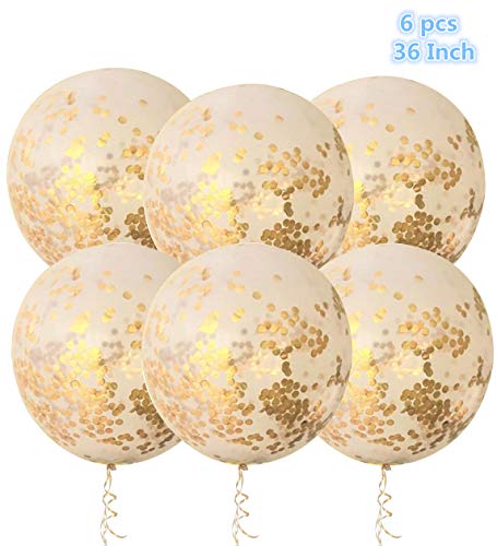 Product Cover 36 Inch Jumbo Giant Confetti Balloons, Clear Balloons with Gold Confetti (Premium Helium Quality) Pkg/6,Latex Glitter Balloons for Birthday Wedding Photo Shoot Festival Christmas Event Decorations