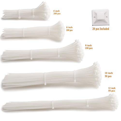 Product Cover 600pcs white Standard Self-Locking Nylon Cable Zip Ties Assorted Sizes 4/6/8/10/12 Inch with cable mount